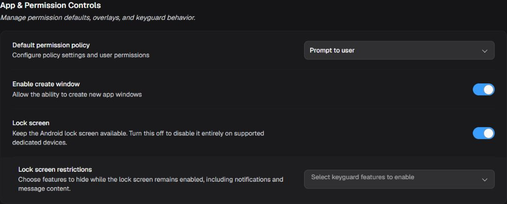 App & Permission Controls box with default permission policy, window creation, and lock-screen controls
