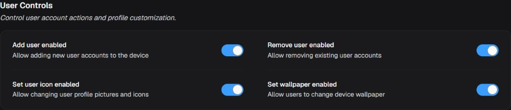 User Controls box with permissions to add and remove users, set the user icon, and set the wallpaper