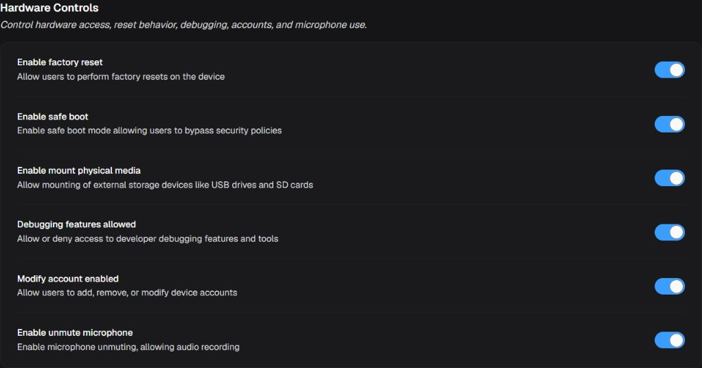 Hardware Controls box with six restrictions for reset, boot, media, debugging, accounts, and microphone