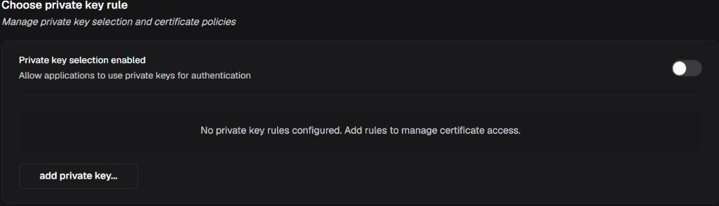 Choose private key rule box with selection disabled, no configured rules, and an action to add a rule