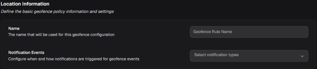 Location Information box with empty Name and Notification Events controls