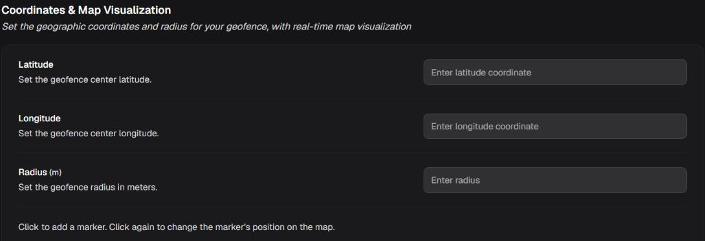 Coordinates and Map Visualization box with empty latitude, longitude, and radius fields