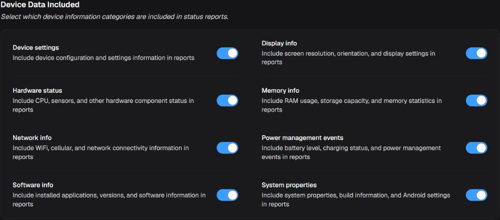 Device Data Included box with eight device-report information categories