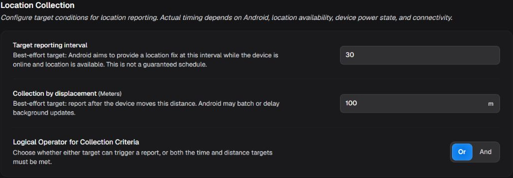Location Collection box with target interval, displacement and the Or or And operator