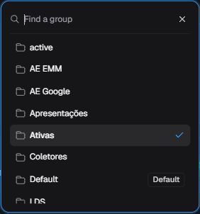 Group selector with an empty search field, Ativas checked, and an X button to close.