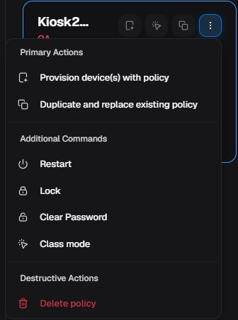 Policy card with state, counts, and actions menu