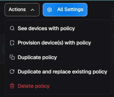 Actions menu open beside All Settings