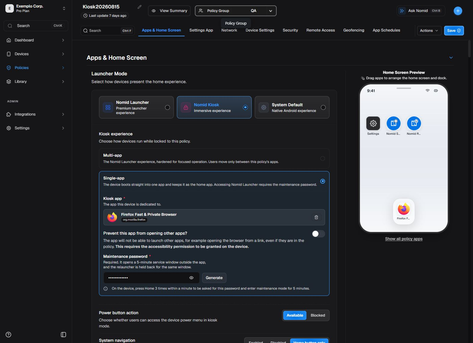 Policy editor with navigation and actions