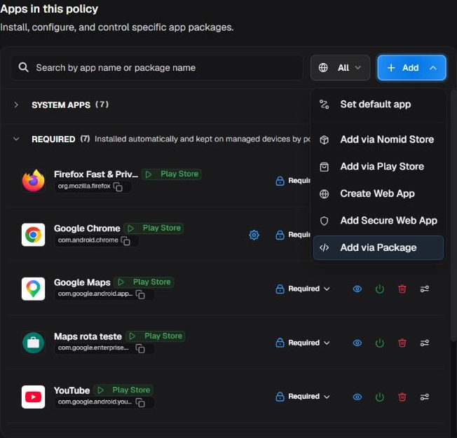 Lista real de apps incluidas en una política Nomid