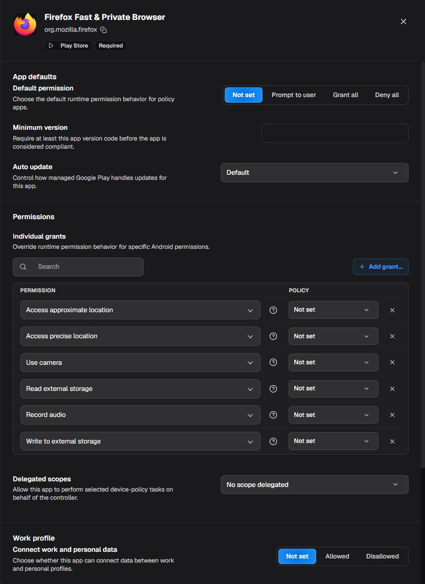Application settings in the policy
