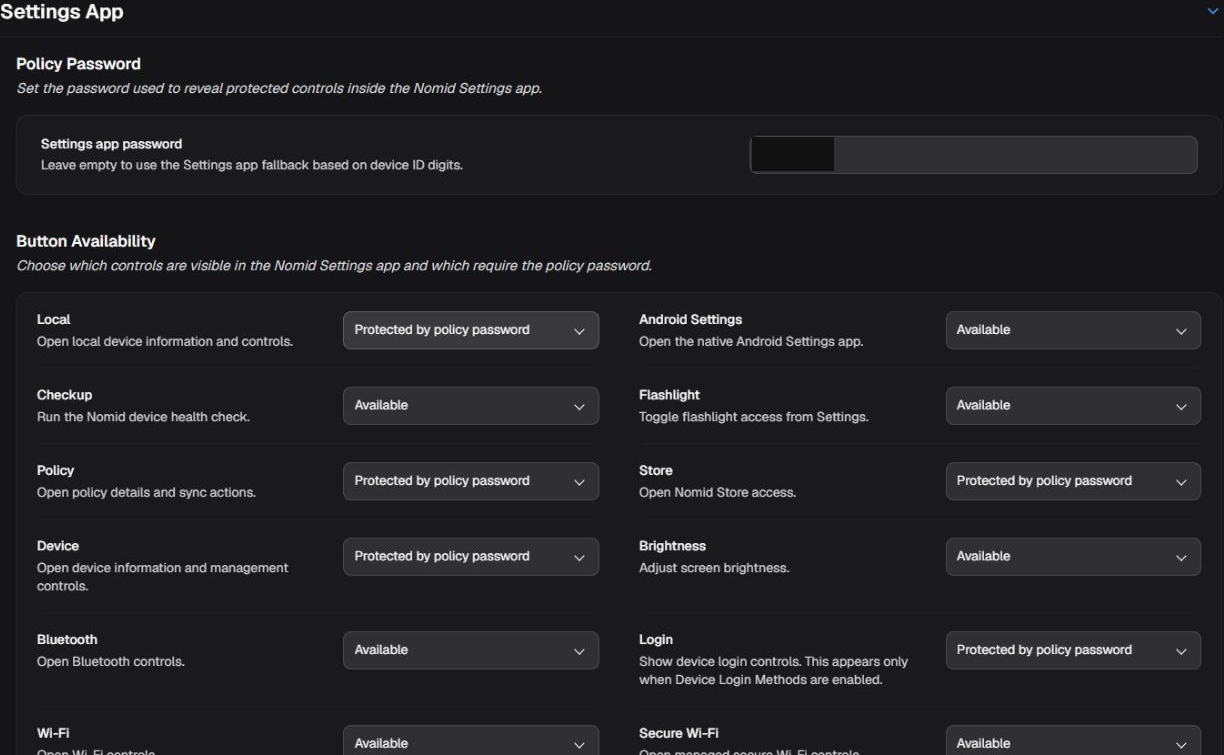 Nomid Settings app controls