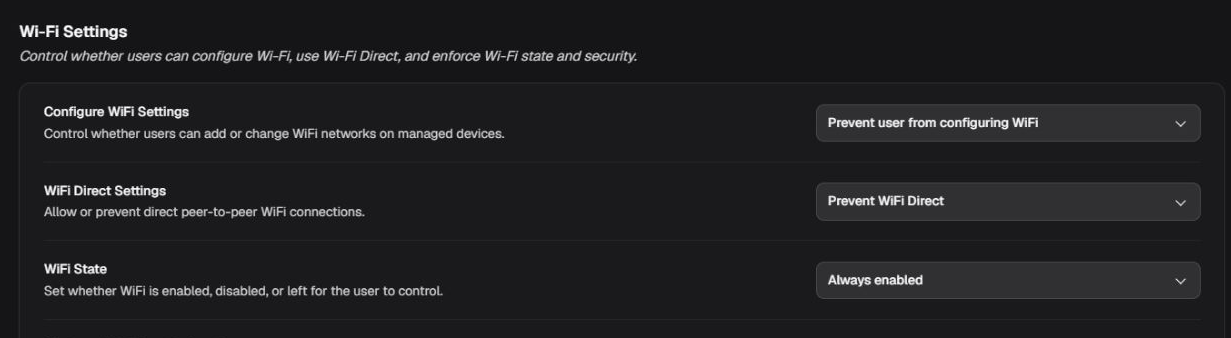 WiFi State selector showing Always enabled