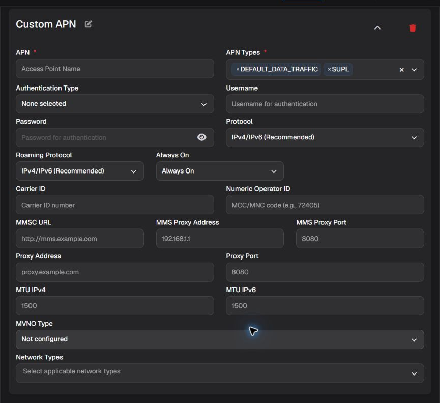 Custom APN form