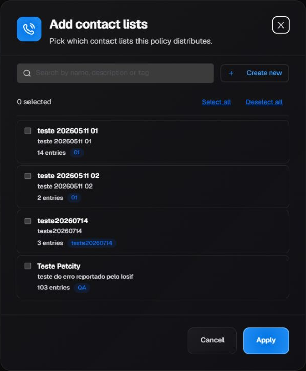 Contact-list selection modal before applying the assignment to the policy