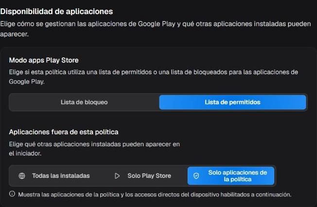 Box Disponibilidad de aplicaciones con listas de Play Store y aplicaciones externas a la política