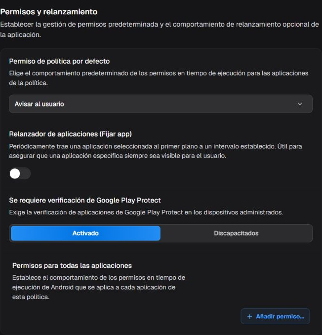 Box Permisos y relanzamiento con política predeterminada, relanzador, Play Protect y permisos globales