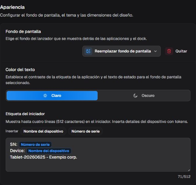 Box Apariencia con fondo de pantalla, color del texto y etiqueta del iniciador