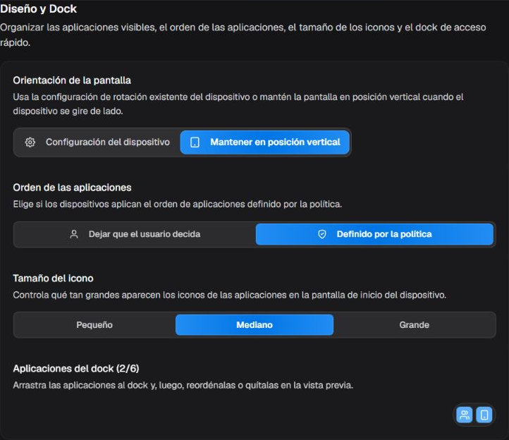 Box Diseño y Dock con orientación de pantalla, orden de aplicaciones, tamaño de iconos y apps del dock