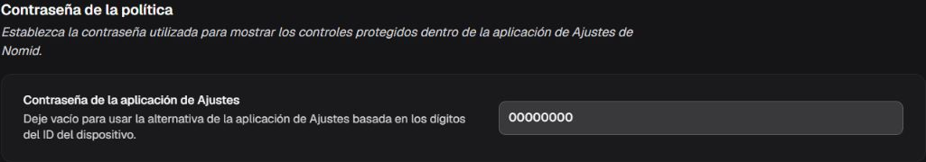 Box Contraseña de la política con el campo de contraseña de la app Ajustes y la orientación de alternativa