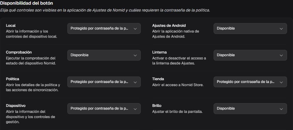 Box Disponibilidad del botón con sus ocho controles iniciales y sus estados