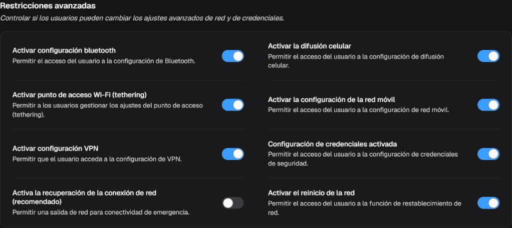 Box Restricciones avanzadas con ocho controles de acceso a ajustes de red y credenciales