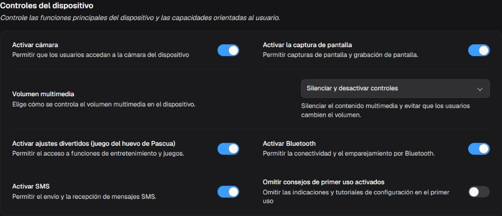 Box Controles del dispositivo con cámara, captura de pantalla, volumen, diversión, Bluetooth, SMS y sugerencias iniciales