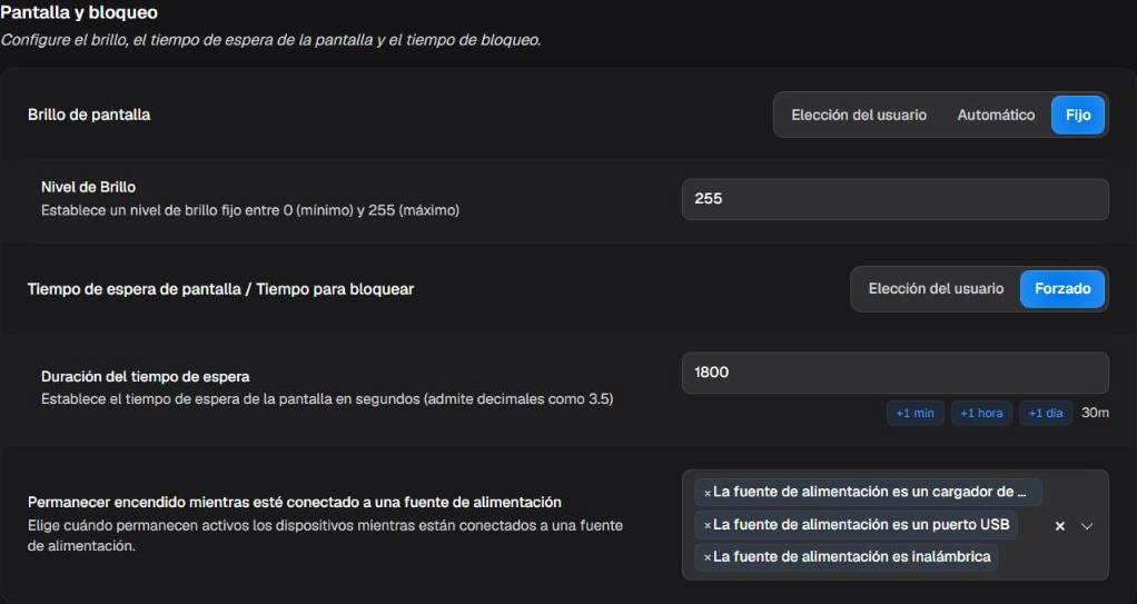 Box Pantalla y bloqueo con modos de brillo, tiempo de espera y fuentes de alimentación para mantener la pantalla activa