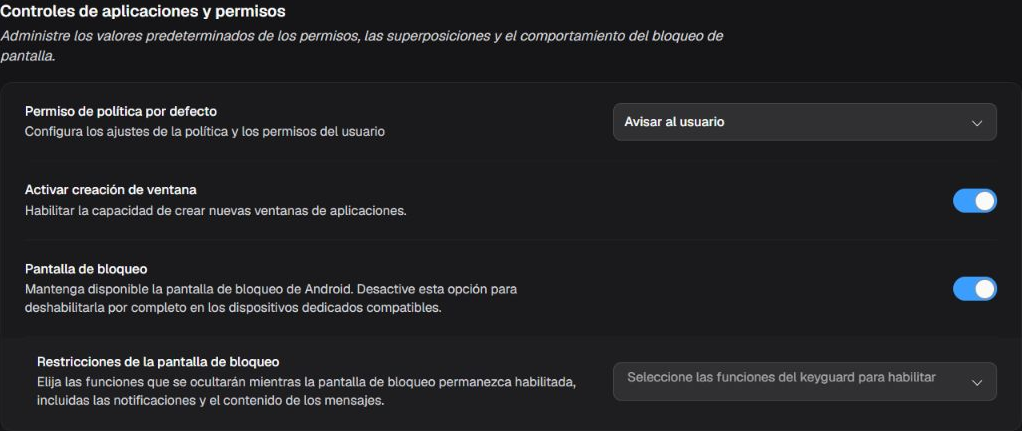 Box Controles de aplicaciones y permisos con política predeterminada, creación de ventanas y pantalla de bloqueo