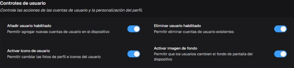 Box Controles de usuario con permisos para añadir y quitar usuarios, establecer el icono y establecer el fondo de pantalla