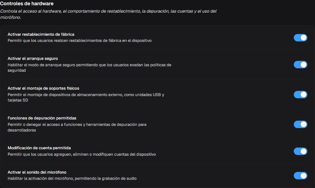 Box Controles de hardware con seis restricciones de restablecimiento, arranque, medios, depuración, cuentas y micrófono