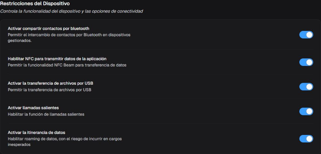 Box Restricciones del Dispositivo con controles de Bluetooth, roaming, NFC, llamadas y USB