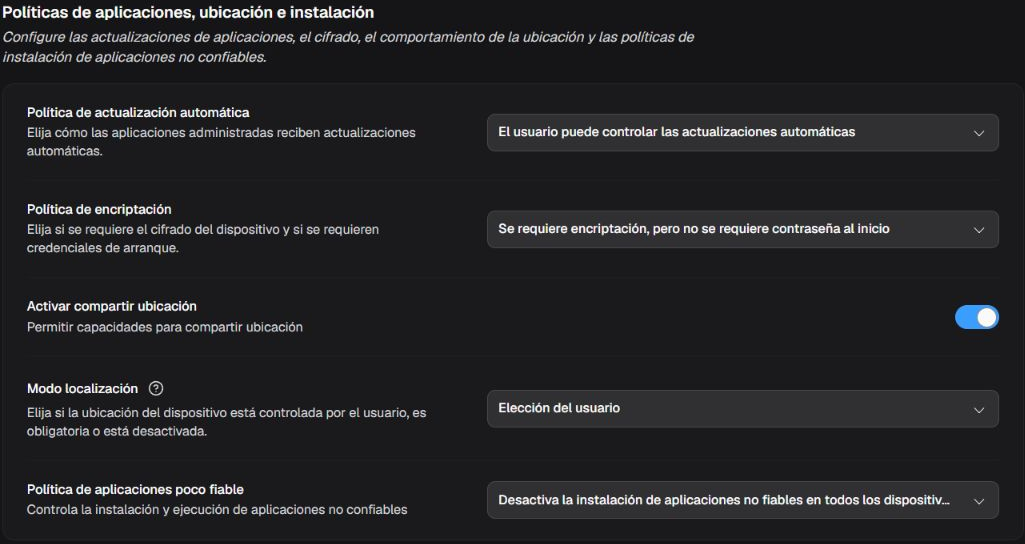 Box Políticas de aplicaciones, ubicación e instalación con cinco filas para actualizaciones, cifrado, ubicación y aplicaciones no confiables