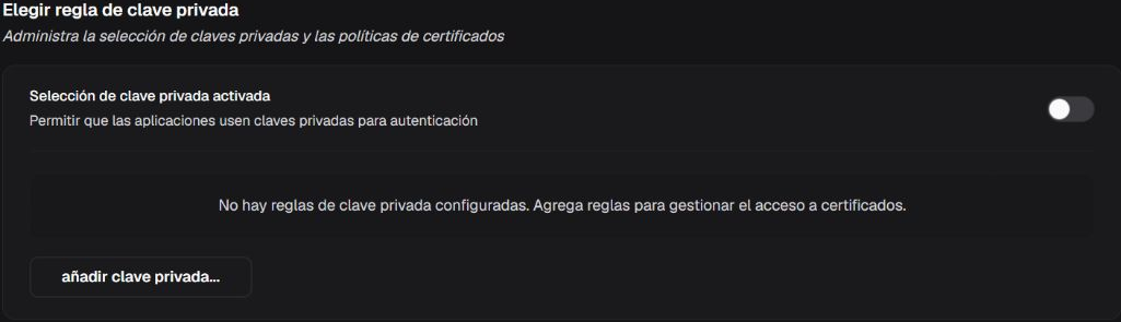 Box Elegir regla de clave privada con la selección desactivada, sin reglas configuradas y una acción para agregar una regla