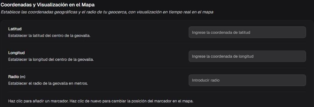 Box Coordenadas y Visualización en el Mapa con campos de latitud, longitud y radio vacíos