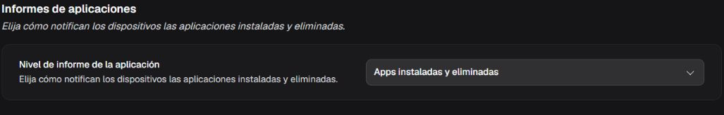 Box Informes de aplicaciones con Nivel de informe de la aplicación en Apps instaladas y eliminadas