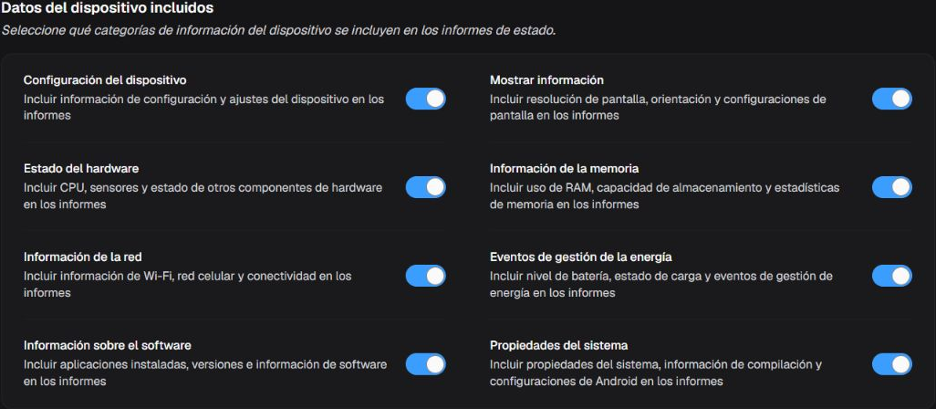 Box Datos del dispositivo incluidos con ocho categorías de información del dispositivo