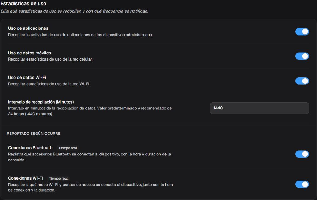 Box Estadísticas de uso con recolectores e intervalo de recopilación