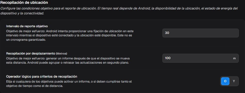 Box Recopilación de ubicación con activación, intervalo y desplazamiento mínimo