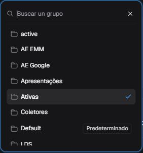 Selector de grupos con búsqueda vacía, Ativas marcado y botón X para cerrar.