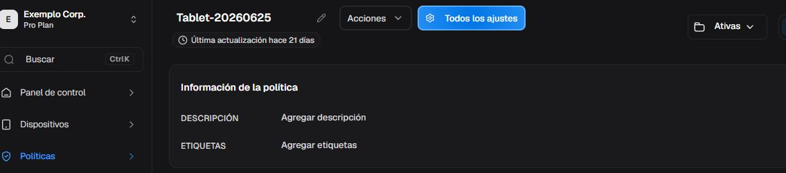 Información de la política con descripción, etiquetas y grupo actual