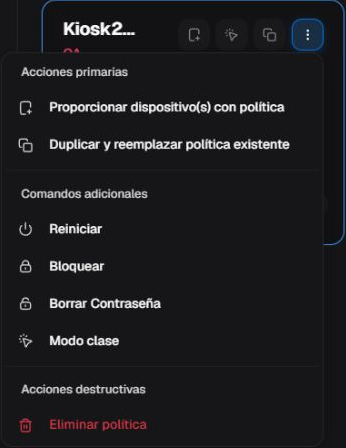 Tarjeta de política con estado, recuentos y menú de acciones