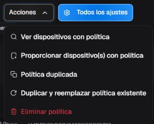 Menú Acciones abierto junto a Todos los ajustes