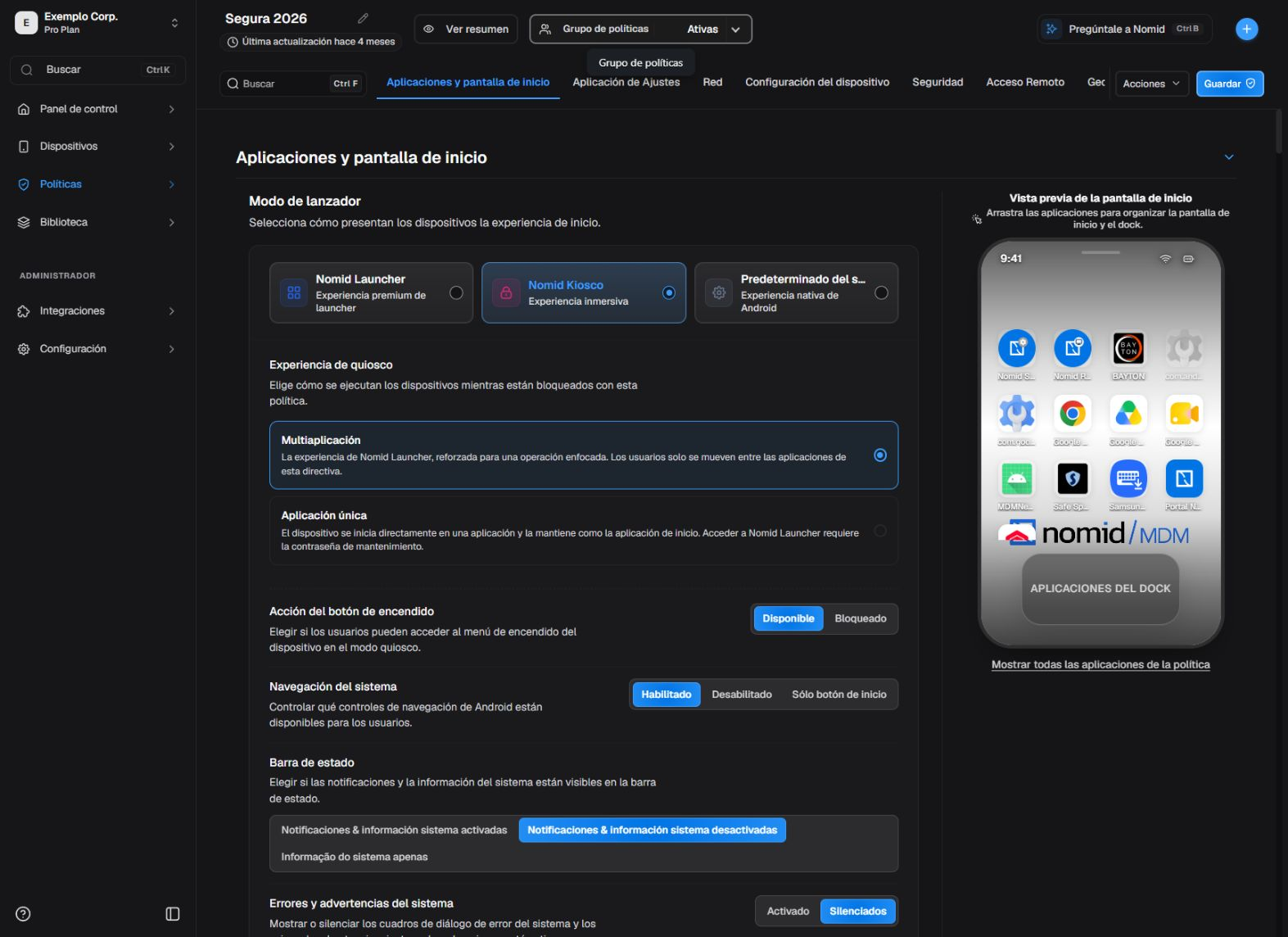 Editor de política con navegación y acciones