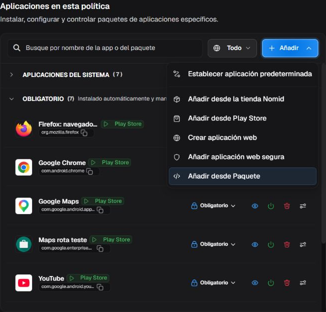 Aplicaciones ya incluidas en la política, búsqueda, origen y acciones