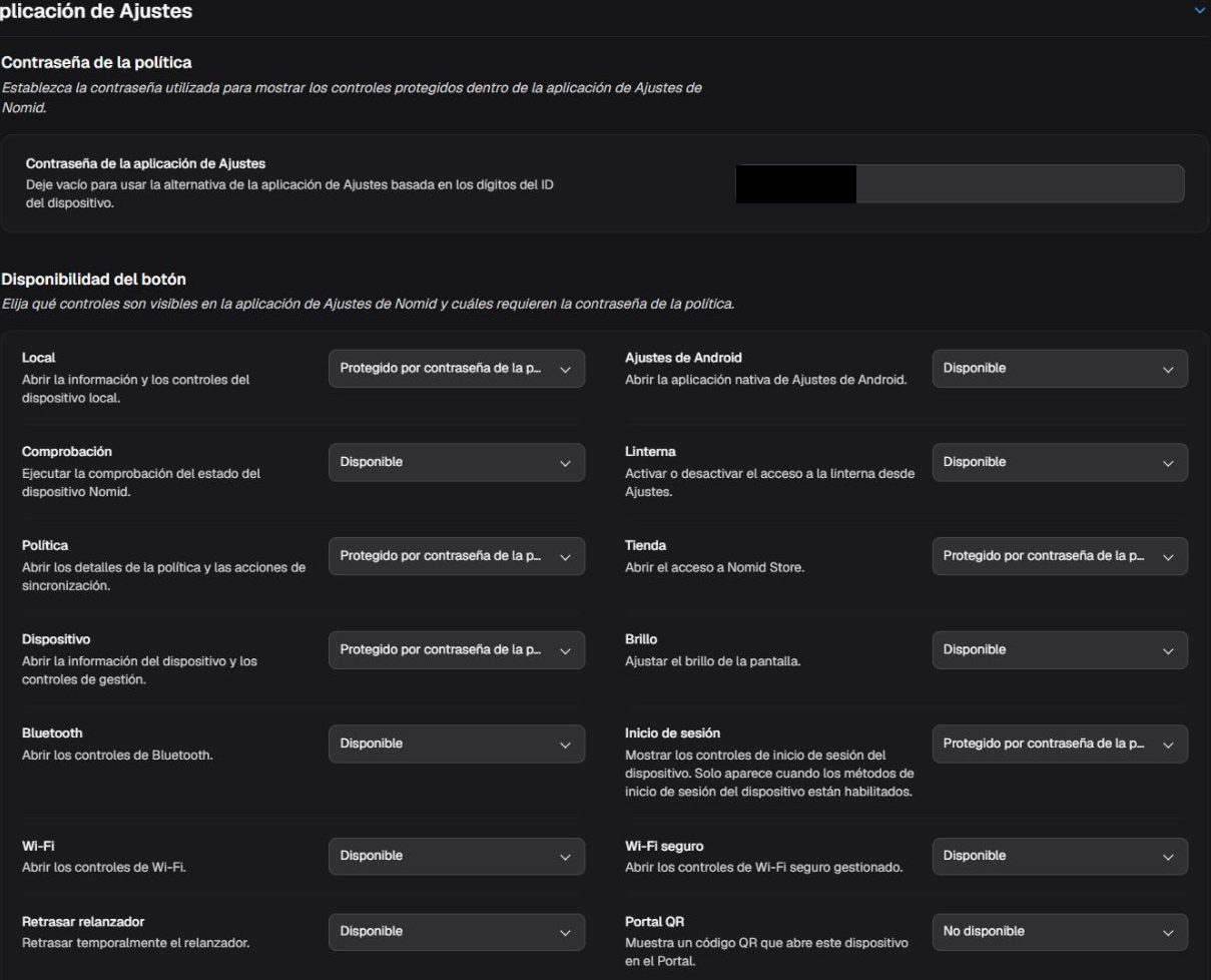 Controles de la app Ajustes Nomid