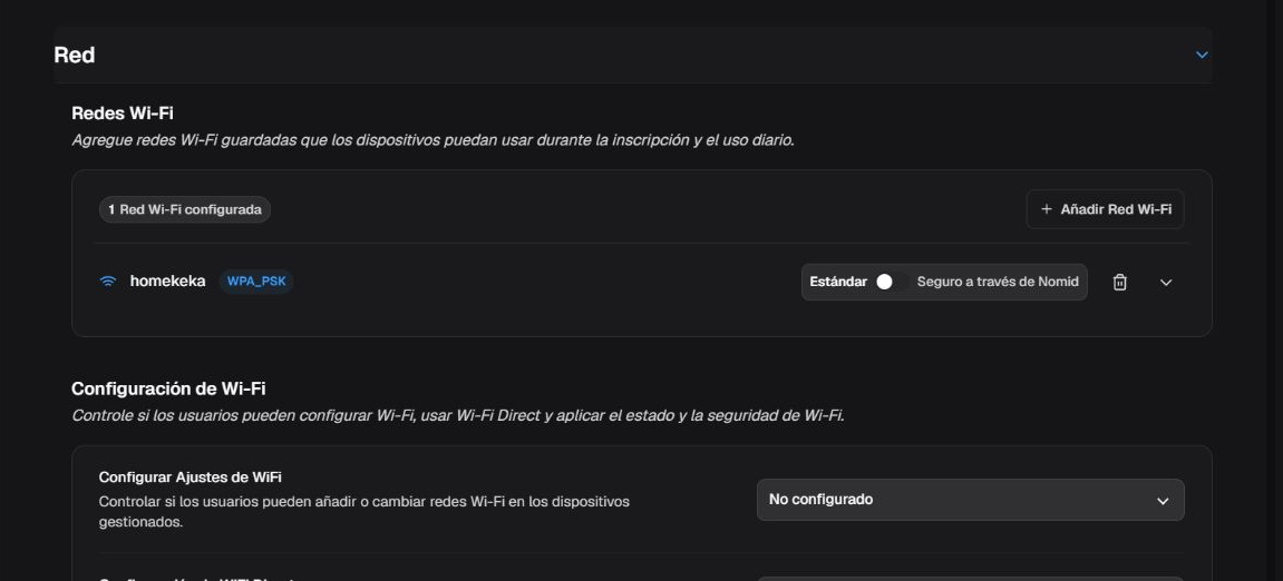 Apertura del área Red con redes Wi-Fi y ajustes iniciales
