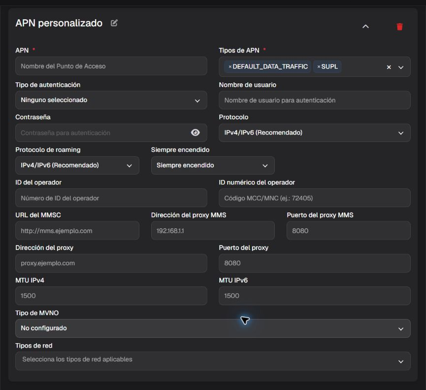 Formulario de APN personalizada