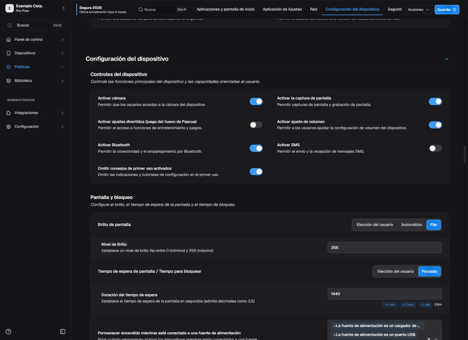 Controles del dispositivo en el editor