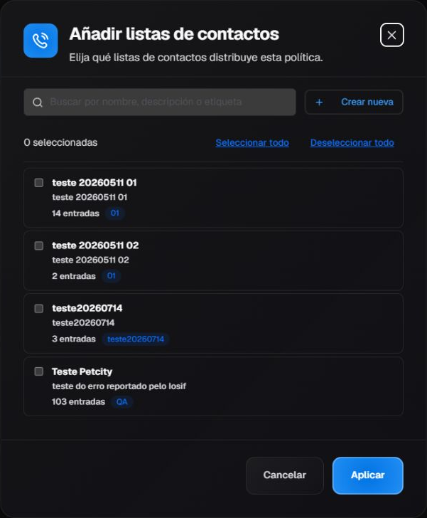 Modal de selección de listas de contactos antes de aplicar la asociación a la política
