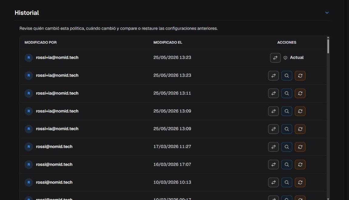 Apertura del Historial con versiones y acciones disponibles